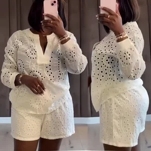 S-8816 Trendy Spring Summer Lady Street Wear Boutique Long Sleeve V-neck Hollow See Through Top and Shorts 2 Piece Set Women