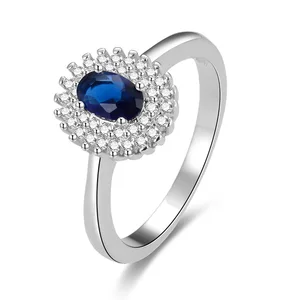POLIVA Sterling Silver Blue Crystal Ring Oval Zirconia Gemstone Rings for Women