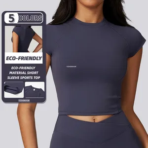 YISHENHON Ecocosy Environmental Protection Fabric Short Sleeve Slim Crop Quick Dry Sports T Shirt Yoga Top Women Gym Shirt
