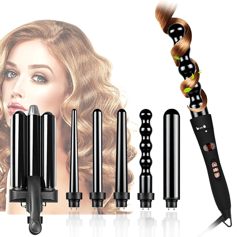 Hair Curler Wand With 6 Interchangeable Ceramic Barrels 3 Barrel Wave Curling Iron Wand Tong Set Automatic Rotating Curling Iron