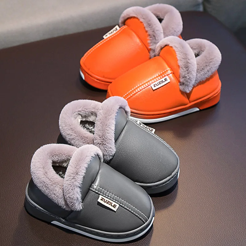 Зимняя детская теплая обувь для мальчиков и девочек; Хлопковые тапочки; Детская Нескользящая водонепроницаемая обувь из искусственной кожи; Модная домашняя теплая Повседневная обувь
