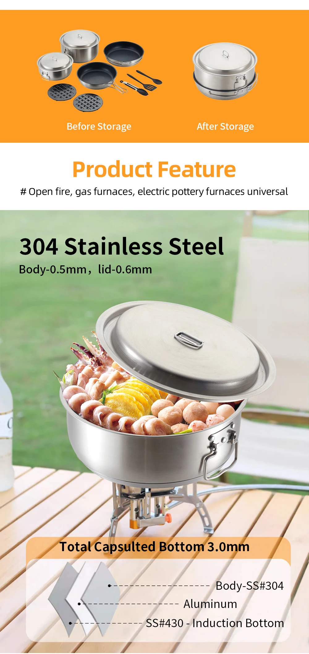 Latest Design 11Pcs Folding Handle  Camp Pot Stainless Steel Camp Cook Set Camping Cookware And Cutlery Set manufacture