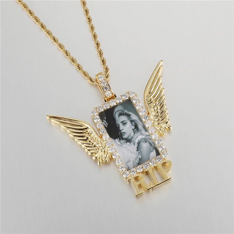 Custom Photo Memory Miss the Past RIP Wings Square Solid DIY Photo Pendant Necklace With Rope Chain Hip Hop Jewelry