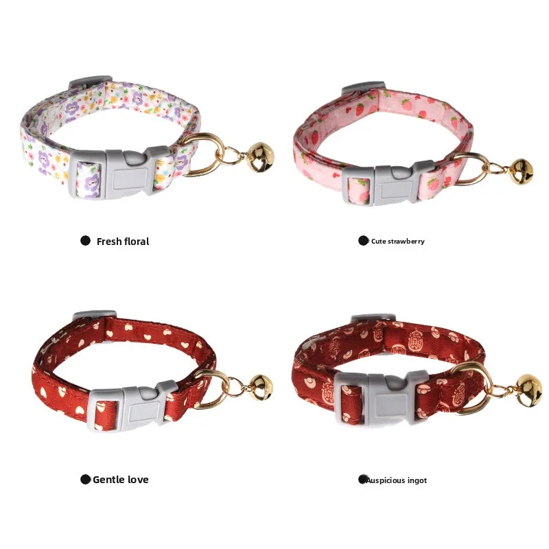 Small Floral Print Japanese and Korean Bell Anti-Lost Cat and Puppy Collar Cute Cross-Border Style for Dogs Made of Polyester