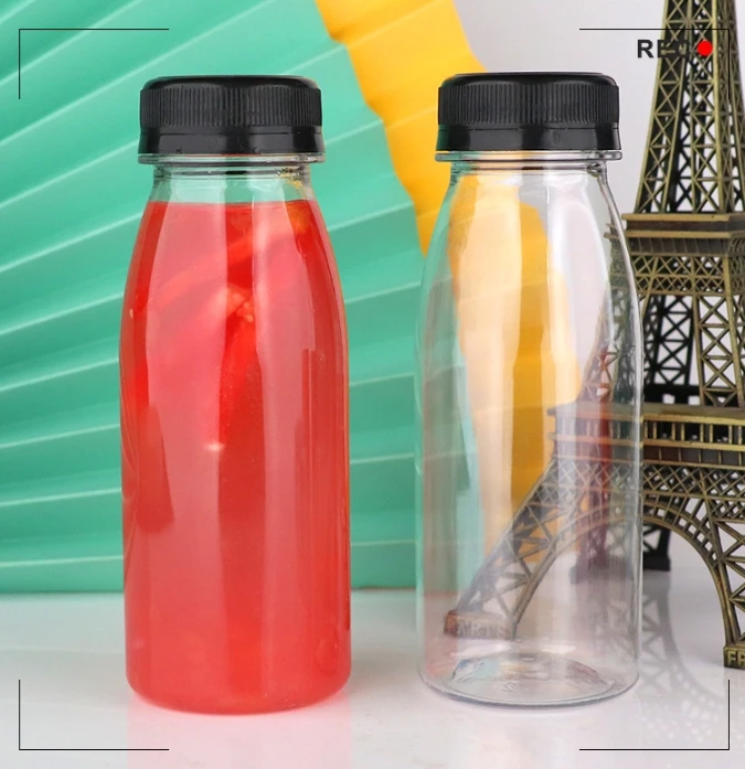 250ml Unique Body Shape Round square for Juice Beverage Water Drink Cup Empty Disposable clear Pet Plastic Bottles with Cap