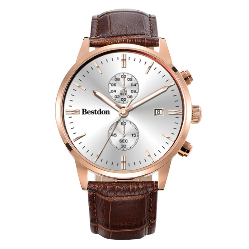 Casual and Sport Style Clock for Gift Choice Genuine Leather Band Multi Function Mens Chronograph Watches Waterproof 3ATM
