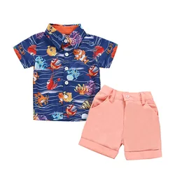 New style boys summer cartoon printed shirt set toddler boys printed shirt with solid shorts 2 pcs holiday clothing set