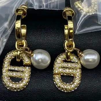 Christian D Brand Fashion Designer Freshwater Pearl Water Proof Diamond Rhinestone Earrings Pin Jewelry With Logo