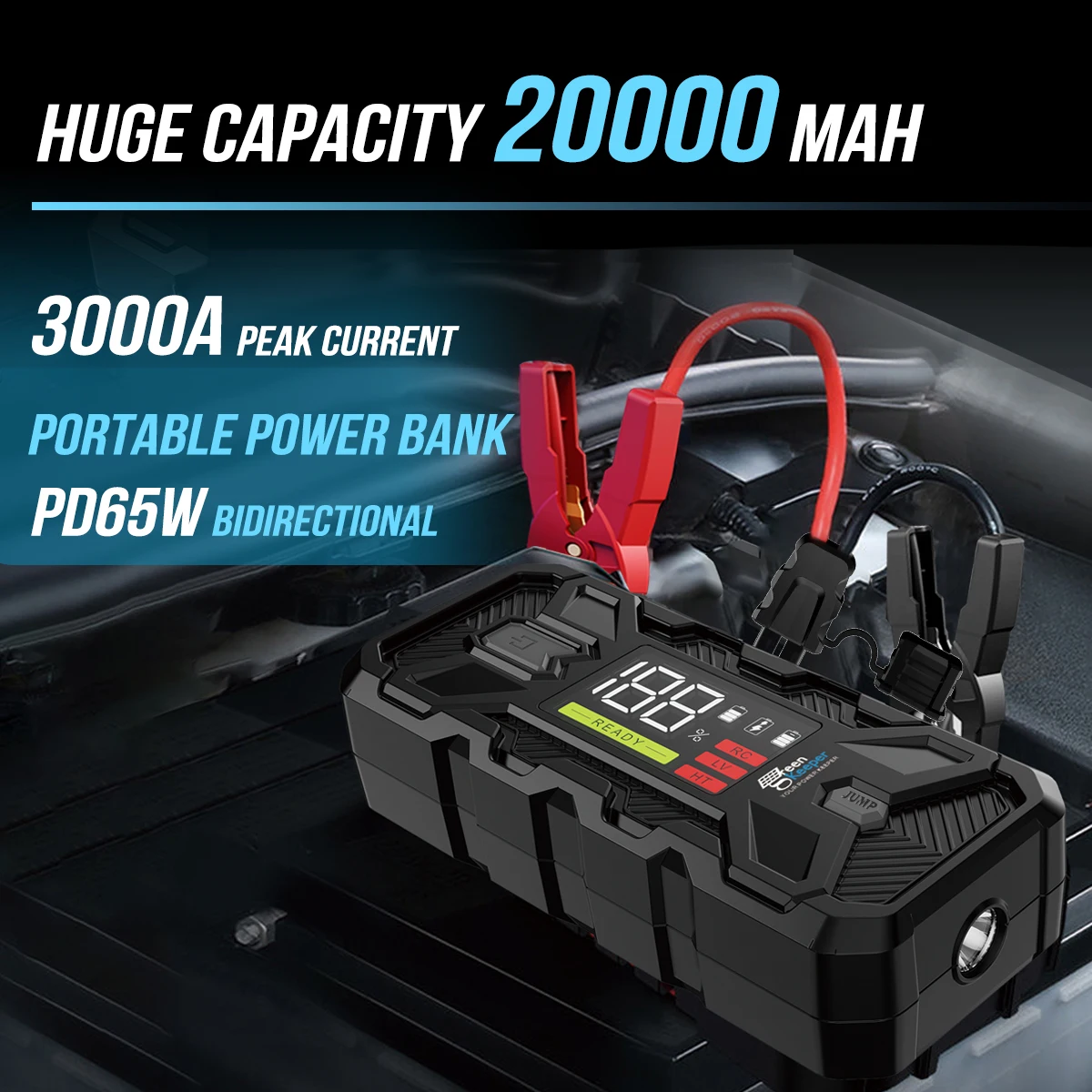 Green Keeper 2024 New Battery Booster Car Jump Starter 3000A 20000mAh High Discharge Portable Jump Starter With Led Light