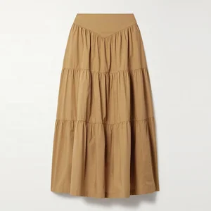 Clothing Manufacturer Custom Spring Autumn Brown High Waist Layered Elegant Casual Cotton Women Midi Skirt