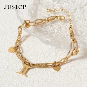 Double Layers 18K Gold Plated Stainless Steel 12 Constellation Personalization Zodiac Charm Adjustable Chain Unisex Gift