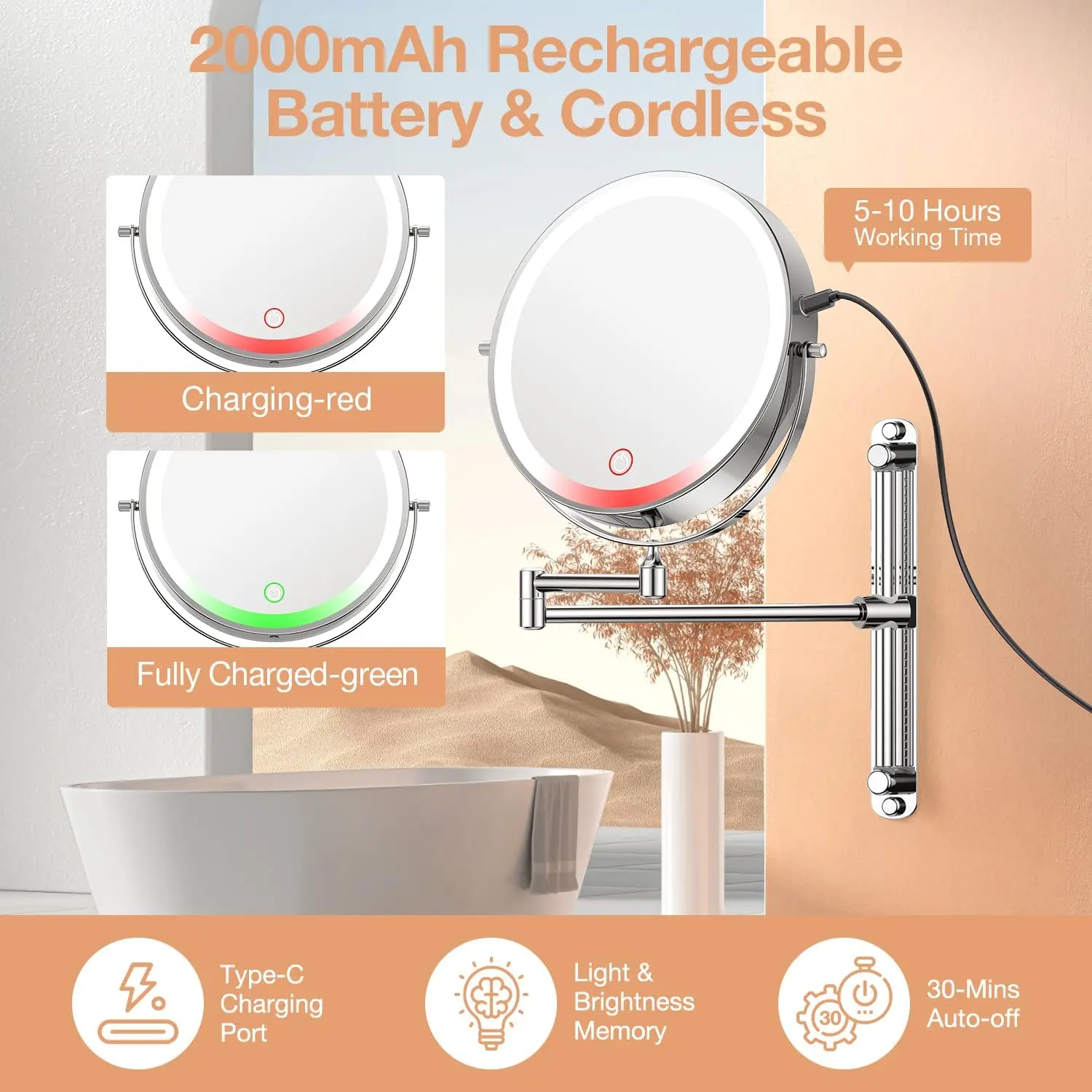 Hotel Project Design Height Adjustable Battery Powered Wall Mount Magnifying X10 LED Vanity Mirror