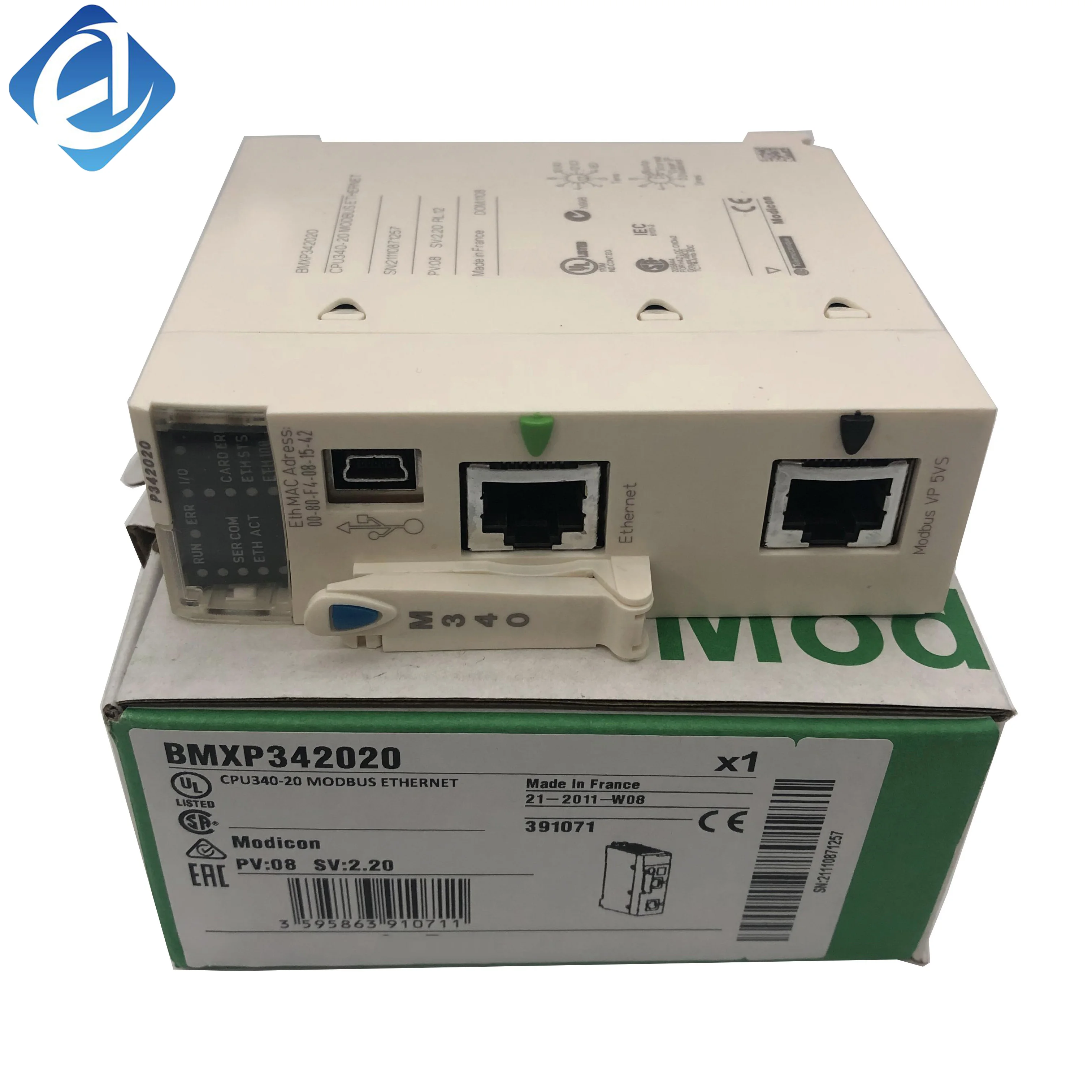 New Original BMXP342020 Modicon M340 series CPU processor module. Supports up to 1024 discrete I/O and 256 analog I/O, built-in Ethernet and Modbus communication interfaces. With high-speed processing