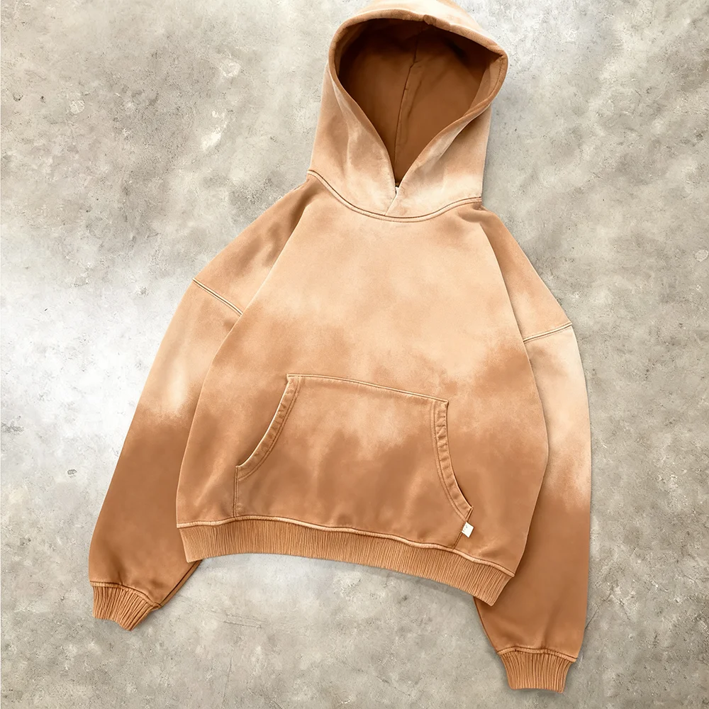 Wholesale Winter Distressed Heavyweight 500gsm 100% Cotton French Terry Double Layer Stone Washed Pullover Cropped Sun Faded