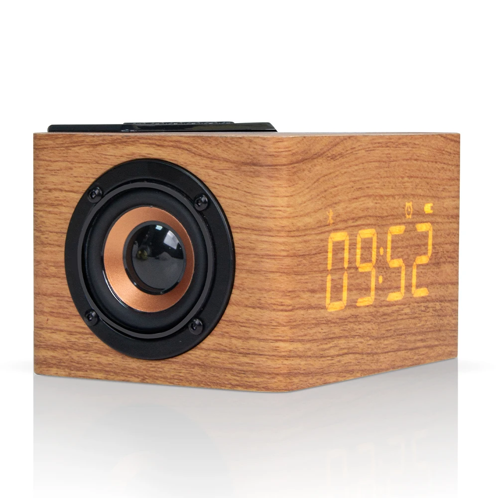 KENUO Multi-function Desk Wooden Pattern  Digital Alarm Clock 10W Wireless Charger Speaker