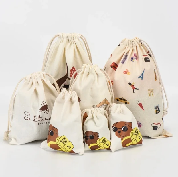 Custom Logo Printed Recycled Canvas Jewelry Ring Storage Pouch Luxury Soft Drawstring Dust Bag for Women Reusable for Promotion factory