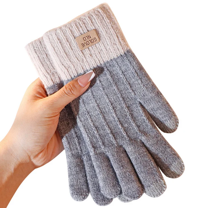 Зимние женские варежки, акриловые шерстяные вязаные перчатки с пятью пальцами для вождения сенсорных экранов