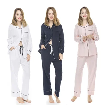 Wholesale Women 100% cotton Knitting Pajamas Long Sleeves and Full Pants Pajamas Pijamas Pyjama Sleepwear set Suit