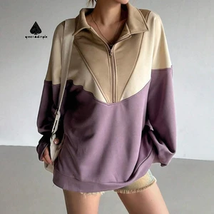 High Quality Custom Women's Autumn Half-Zip Loose Sweatshirt Casual Outdoor Streetwear Trendy Color Patchwork Pullover
