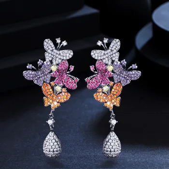 Elegant Designer Micro Pave Cubic Zirconia Stones Purple Red Long Butterfly Drop Earrings for Women Engagement Jewelry