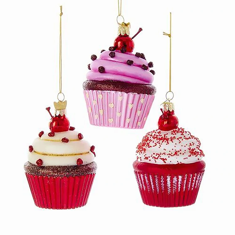 3 Pack Christmas Cupcake Ornaments Glass Christmas Tree Hanging Ornaments Mini Glass Blown Cupcake Dessert Ornament Set