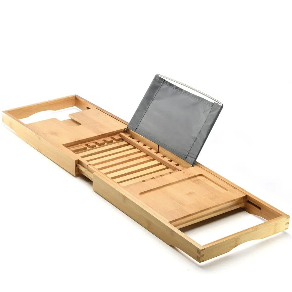Extendable Bamboo Bathtub Caddy Tray with Tablet Holder & Wine Glass Slot Luxury Bath Organizer for Spa Bathroom Accessories