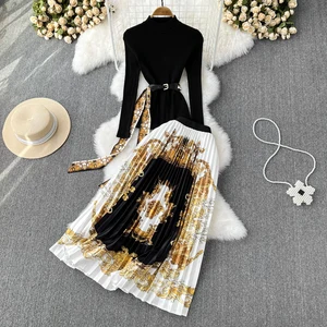 Wholesale 2026 Fall Stand Collar Slim Fit Slim Knit Top Two Piece High Waist Baroque Print Pleated Skirt Women's Set