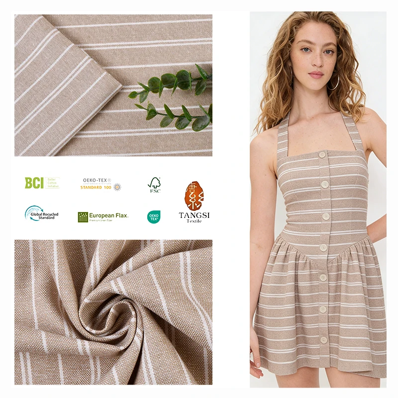 Custom Design Eco-Friendly Soft Medium Weight Striped Linen Cotton Yarn Dyed Woven Garment Fabric