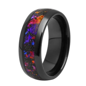 Men's Dome Black Galaxy Ring Nebula Red & Purple Fire Opal Tungsten Wedding & Engagement Promise Bands
