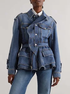 New European American Street Style Ruffled Notched Collar Denim Jacket Women's Niche Design Waist-Cinched Denim Streetwear