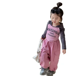 Custom Casual Two-Piece Girls Clothing Sets Letter Print Hooded Sweatshirt Overalls