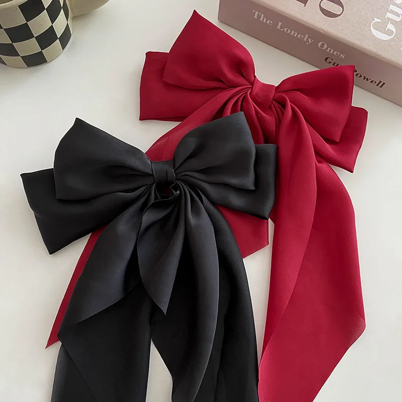 Elegant Bow Ribbon Hair Clips Fashion Simple Solid Satin Spring Clip ...