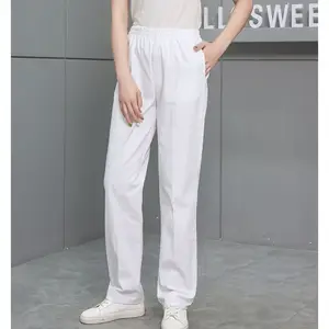 Summer Cheap Women's White Pink Blue Thin Elastic Waist Plus Size Knitted Polyester/Cotton Nurse Doctor Medical Working Pants