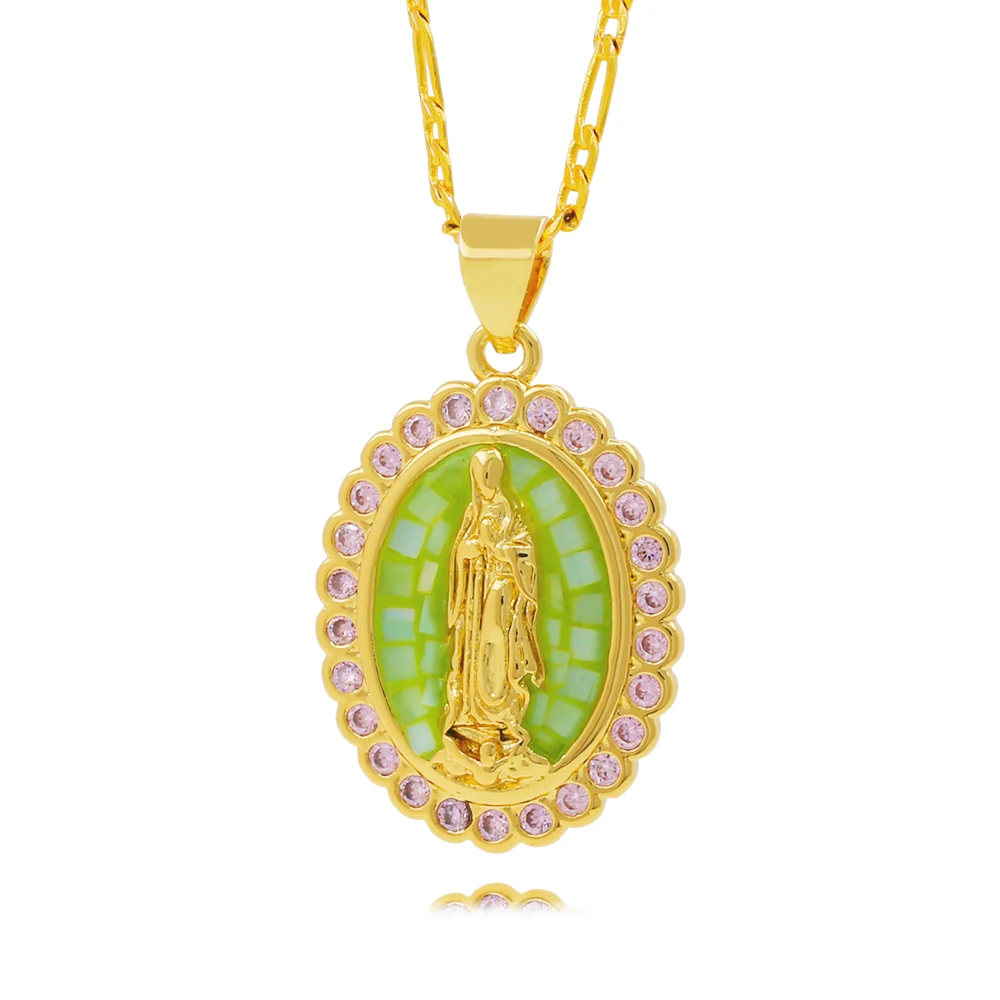 24K Gold Plated Virgin Mary Pendant Necklace with Colorful CZ