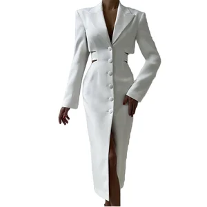 Customize Women's Global Lover Single Breasted V-neck Full Sleeve Anti-shrink Long Woven Spandex/Polyester Hollow Elegant Blazer