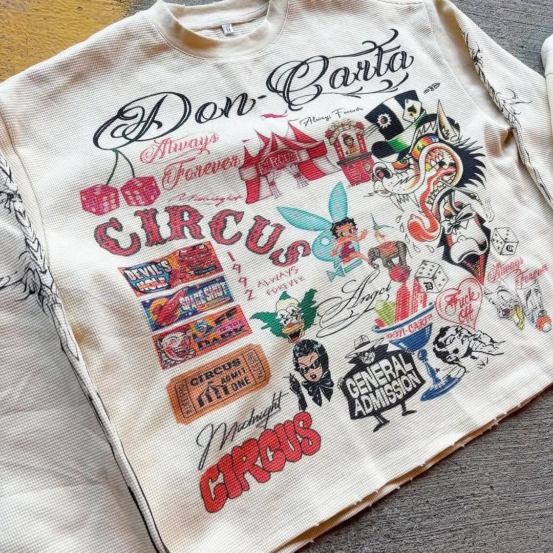 Aangepaste ware klassieke wafelweefsel knop-kraag grafiese T-hemp bokant DTG swaar katoen blokvormige T-hemp langmou