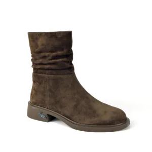 Women's Cow Suede Slouchy Ankle Boots-Zip Closure Fashion Low Block Heel Elastic Ruched Design Comfortable Daily Casual Footwear