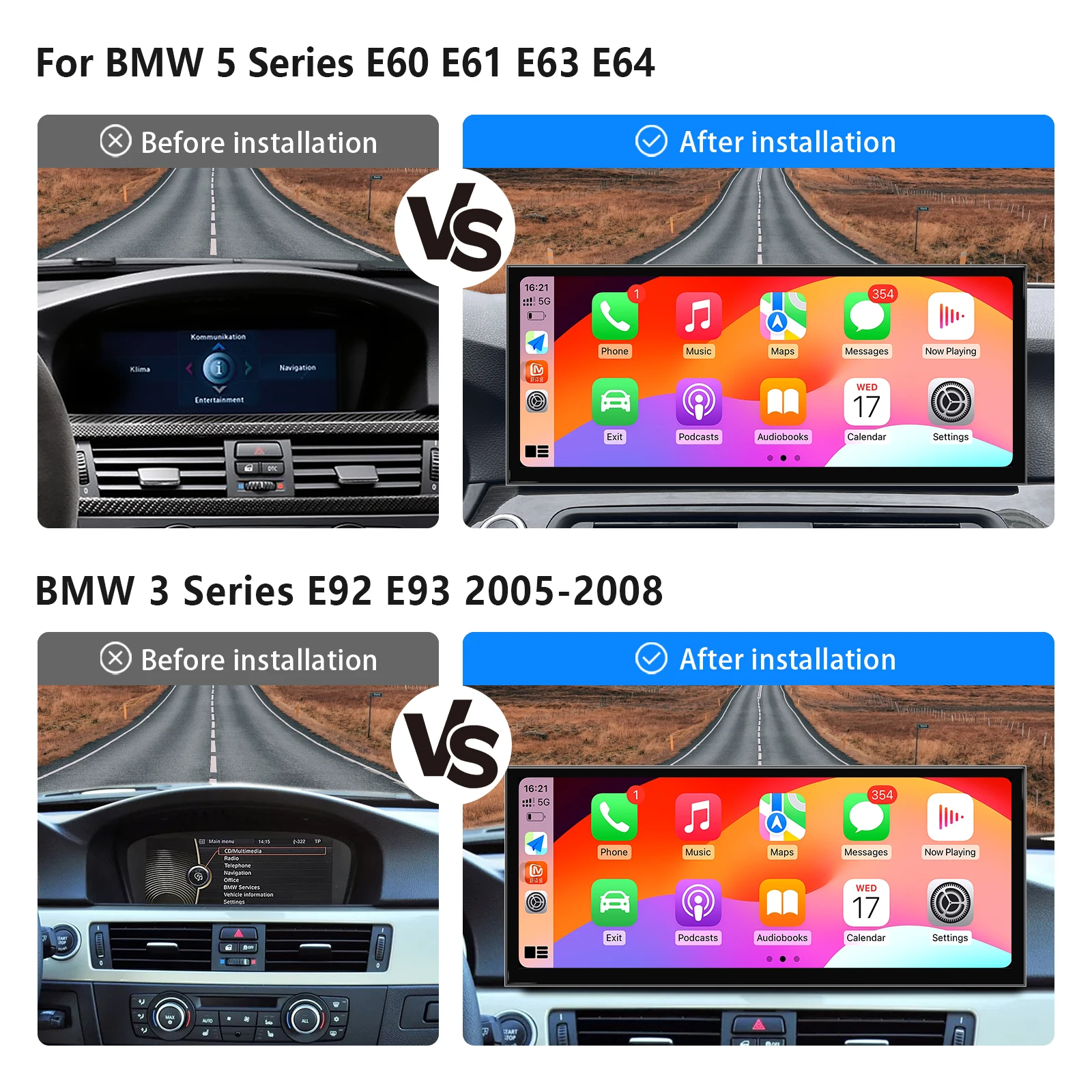 Ultraschmales 15,8-Zoll-Linux-Autoradio für BMW 3er E60 E61 E63 E64 5er E90 E91 E92 E93 mit kabelloser CarPlay- und Android Auto-Unterstützung_voghion.com