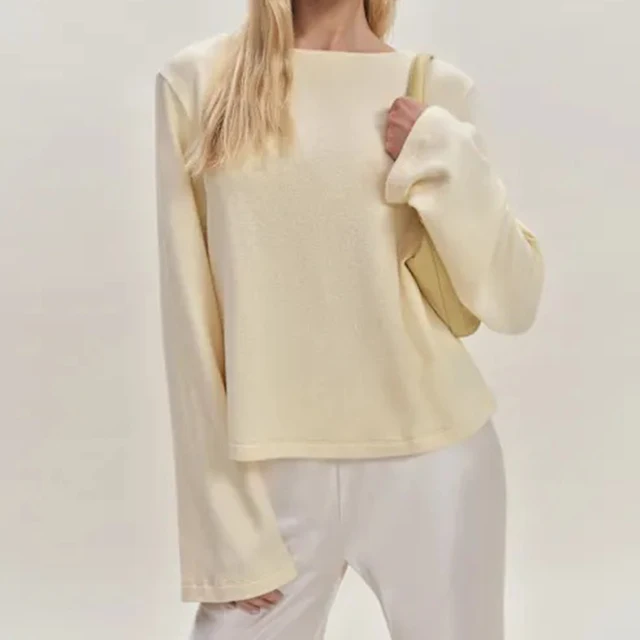High Quality Women's Beige Crew-Neck Top Long Sleeves Loose Fit Anti-Pilling & Washable for Lounge & Outing