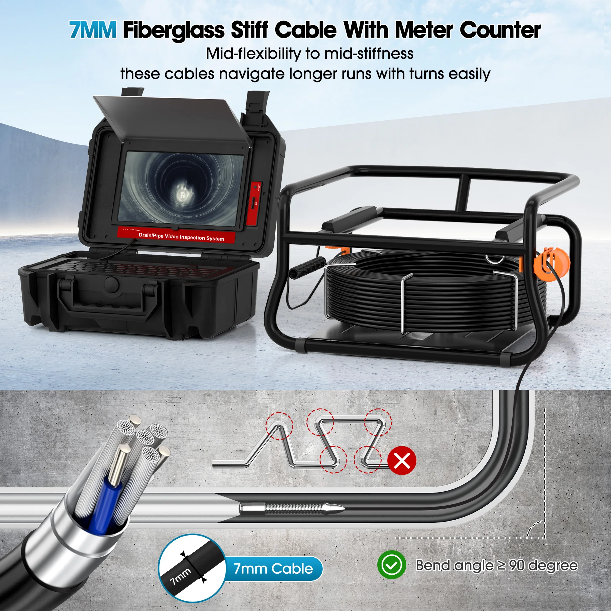 10.1Inch Touch Monitor 512HZ Transmitter  Sewer Drain Endoscope 16GB  Meter Counter Video Pipe Inspection Camera factory
