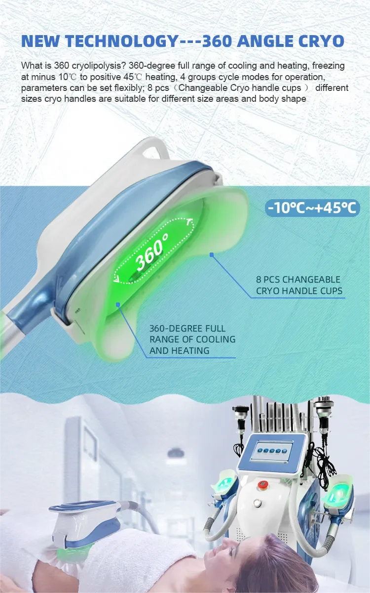 <p data-pm-slice="1 1 []">The <strong>360° Cryolipolysis and Body Sculpting Machine</strong> combines controlled cooling with multiple aesthetic technologies in one professional system. Equipped with large and medium cryolipolysis heads, a 40 kHz ultrasonic cavitation handle, 6-polar body RF, face RF, and eight large lipo laser pads, it gives beauty salons, med spas, and aesthetic clinics a versatile platform for body contouring and skin-firming service programs.</p> Featuring an 8-inch touchscreen, this multifunction aesthetic machine supports a more organized treatment workflow while helping businesses expand their body and facial treatment menus without purchasing separate devices for each modality. 360° Cryolipolysis and Body Sculpting Machine with Cavitation RF & Lipo Laser