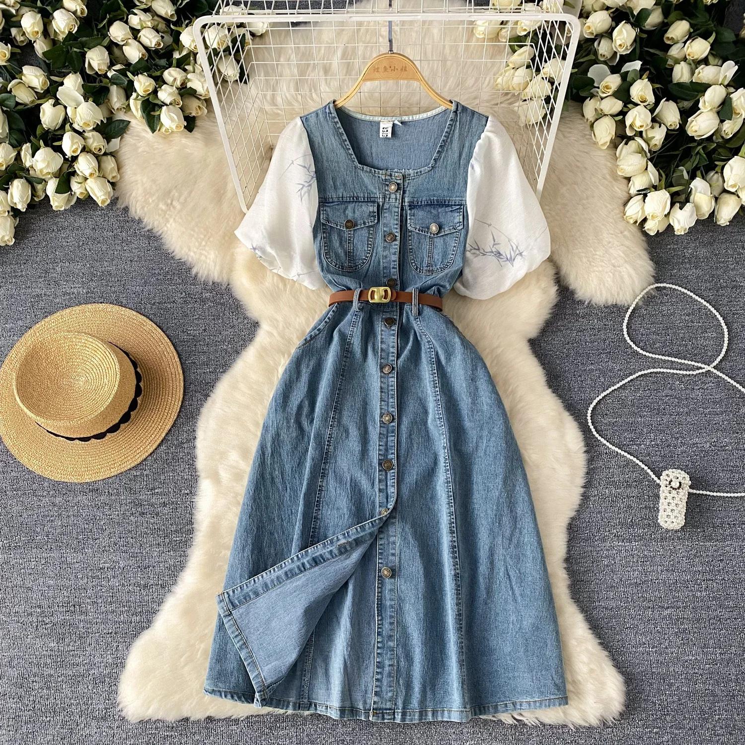 Designer Button Decoration Thin Split Denim Dress