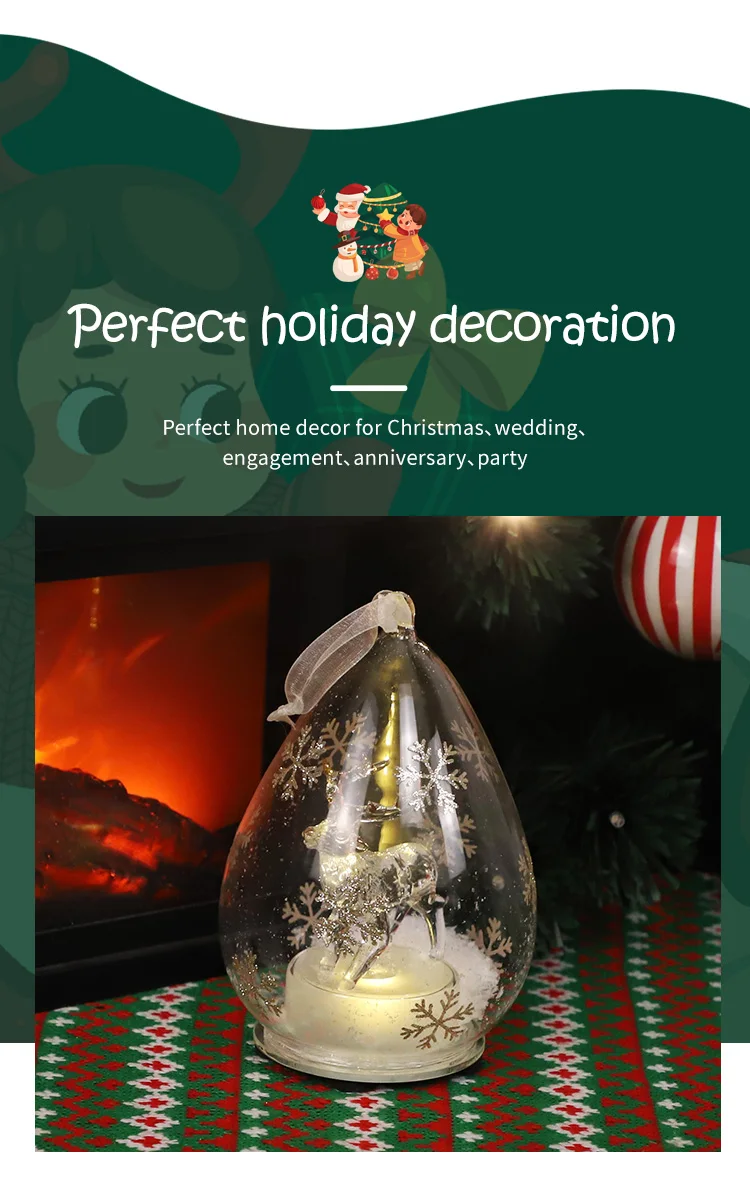 Custom xmas reindeer scene water drop shape led lighted up blown glass egg christmas tree hanging elk baubles ball ornaments supplier