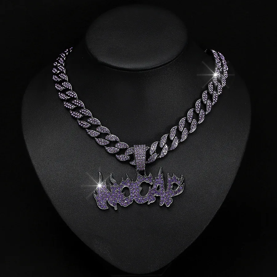 ★BLACKPURPLE★ BLACKLABELBP Ice Bold Cuban Chain Necklace 1 Iced Handset 15mm Purple Cuban Link Chain in Black Gold