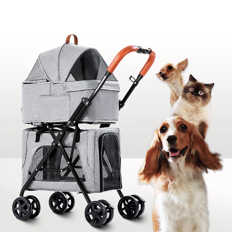 Double-layer Pet Stroller Pets Trolley Carrier Portable Foldable Four Wheeled Detachable Handbag For Dogs Cats