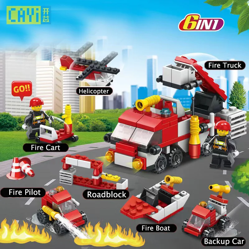 NEW 6-In-1 Fire Brigade Set Mini Block Fire Truck Cart Helicopter Pilot Station Model Toys Building Block Set Toys for Children