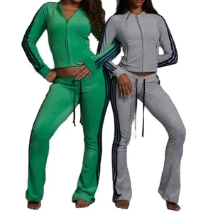 2025 New Arrivals Women's Custom Velvet Tracksuit Zipper Drawstring Side Stripe Velour Track Jacket With Pants 2 Piece Set