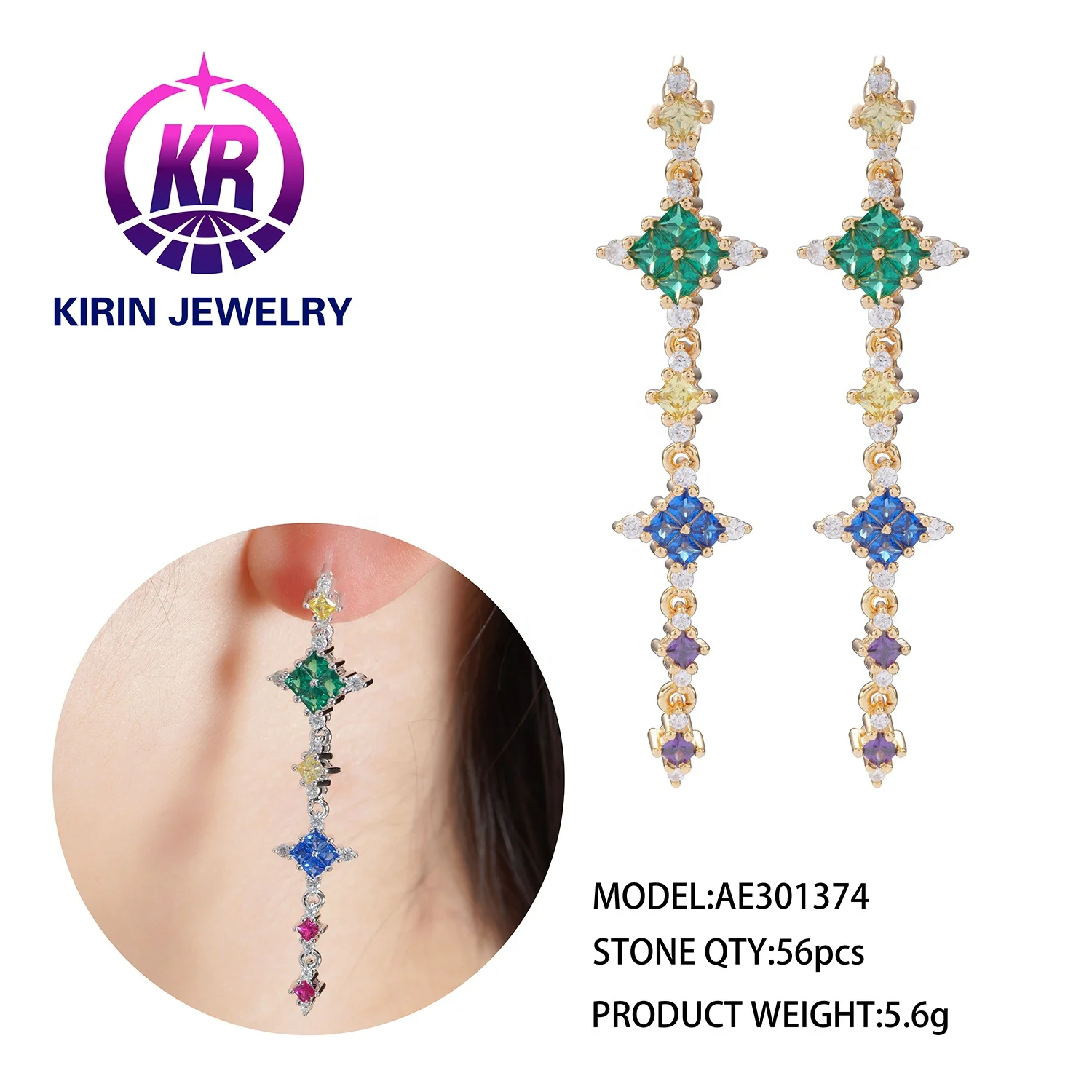 Baguette Bling Cubic Zircon Multi Gem Tassel Earrings Flower Jewelry Rainbow Diamond Earrings for Women