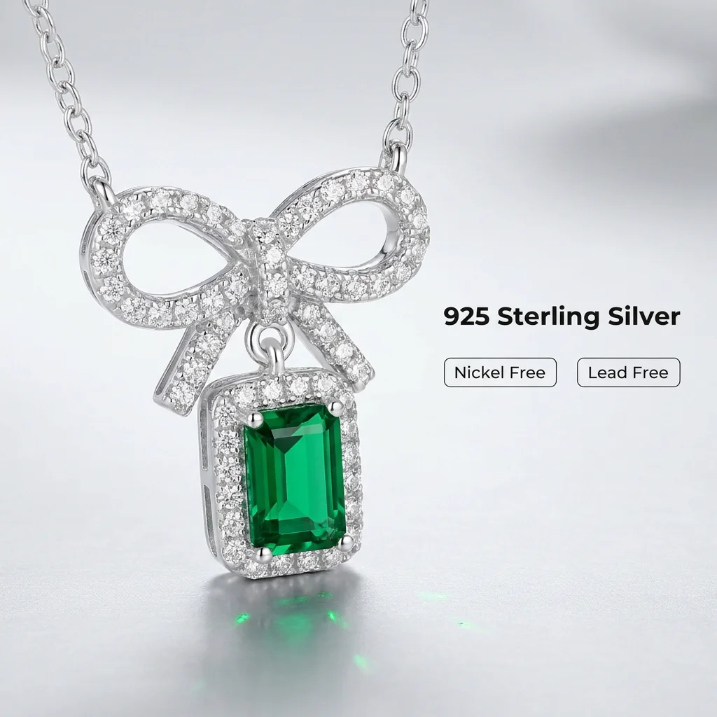 925 Sterling Silver Emerald Cut Bow Pendant Necklace with Claw Setting Diamond Accent for Women-Engagement Wedding & Party Gift