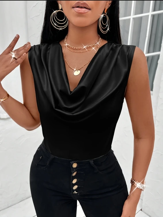 Lady Casual Silk Halter Solid Color Cowl Neck Top Women Elegant Sleeveless Satin Tank Tops for Summer